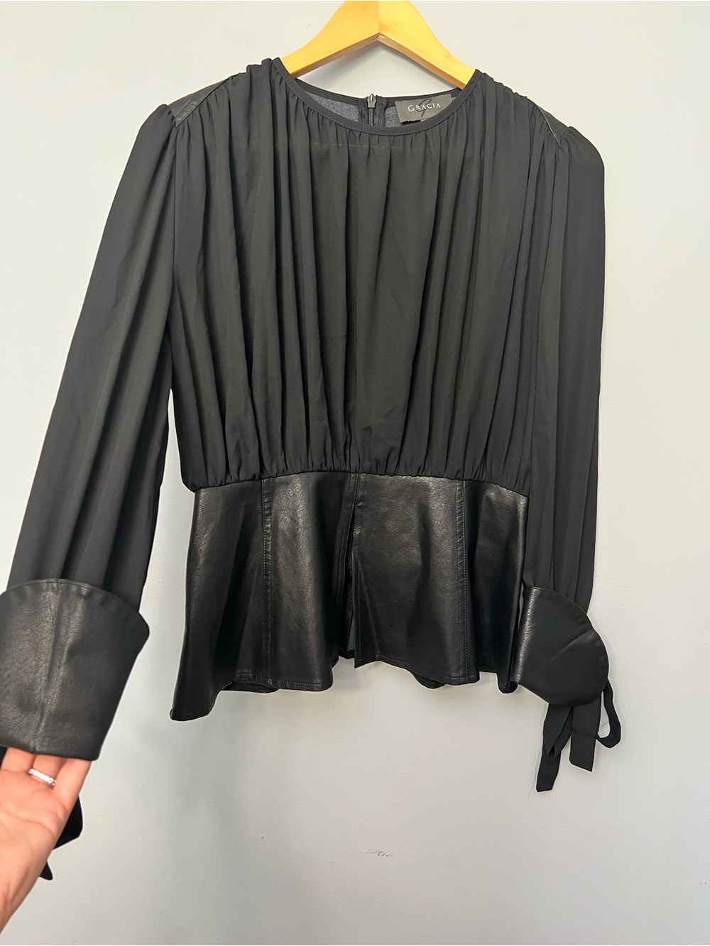 Gracia Peplum Blouse Faux Leather Chiffon Corset Look Black Goth Whimsygoth Fall